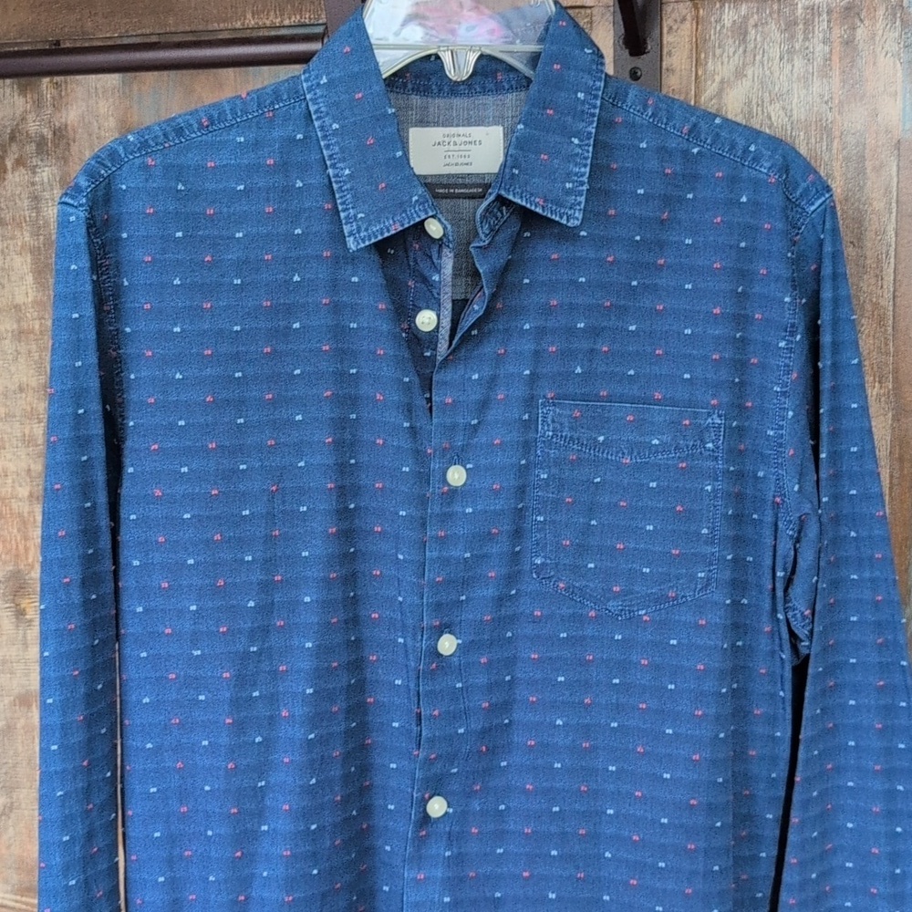 Jack & Jones Button Down Shirt w/ Faded Stripes Stitched Dots - Men's Small - Picture 2 of 7